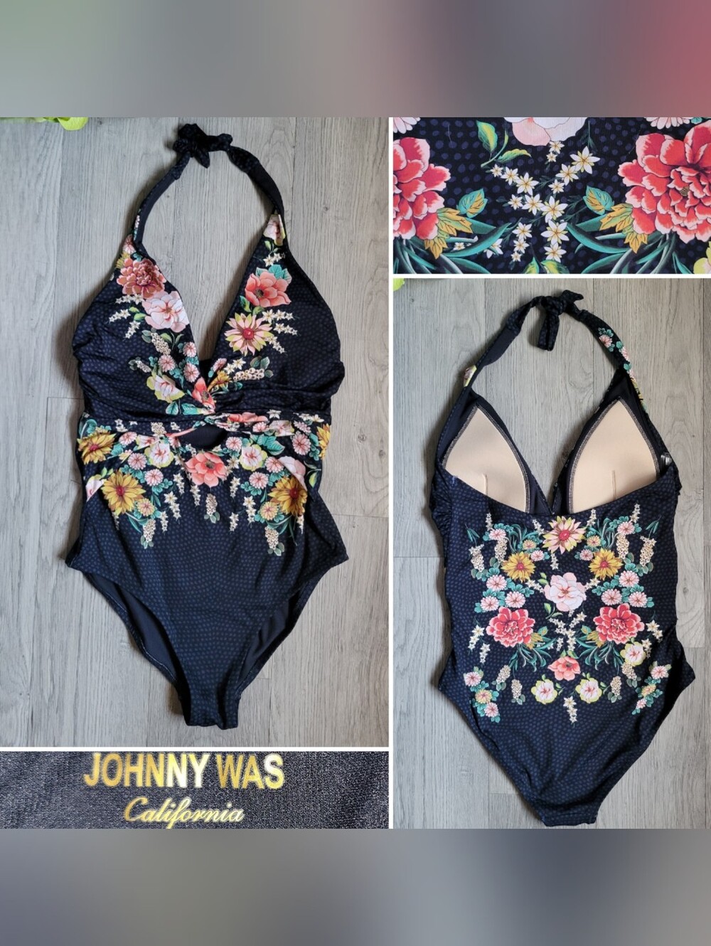 Johnny Was California Twist Keyhole Halter Floral & Polka Dot Swimsuit, Medium